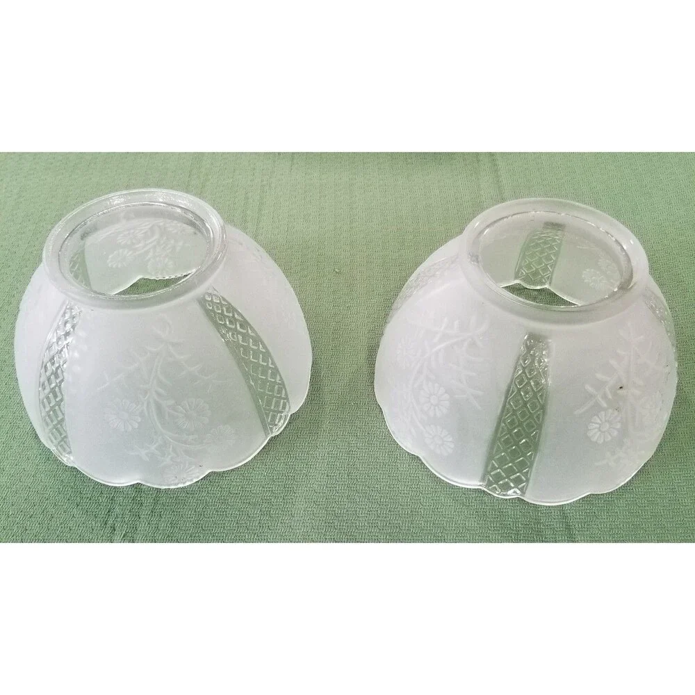Vintage Frosted Glass Lamp Shades Pair – Floral & Diamond Pattern